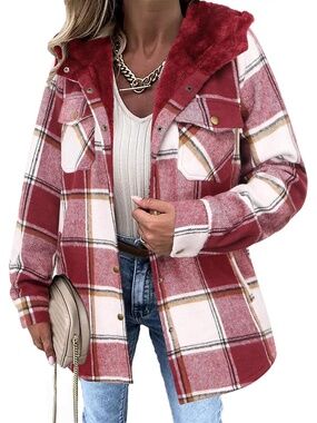 🆕 Zeagoo Women's Wine Red Plaid Flannel Fleece Lined Hooded Winter Jacket Coat